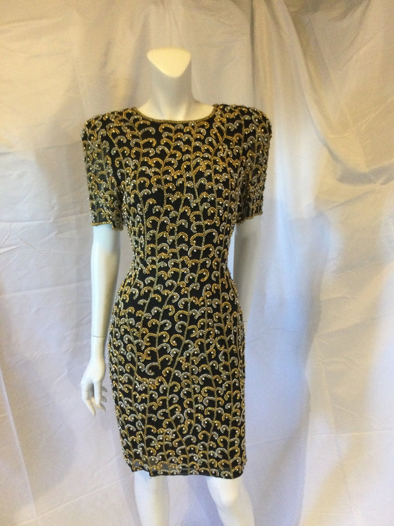 Vintage 1980s Oleg Cassini Black Silk with Gold and Silver Beading Cocktail Dress-size 8
