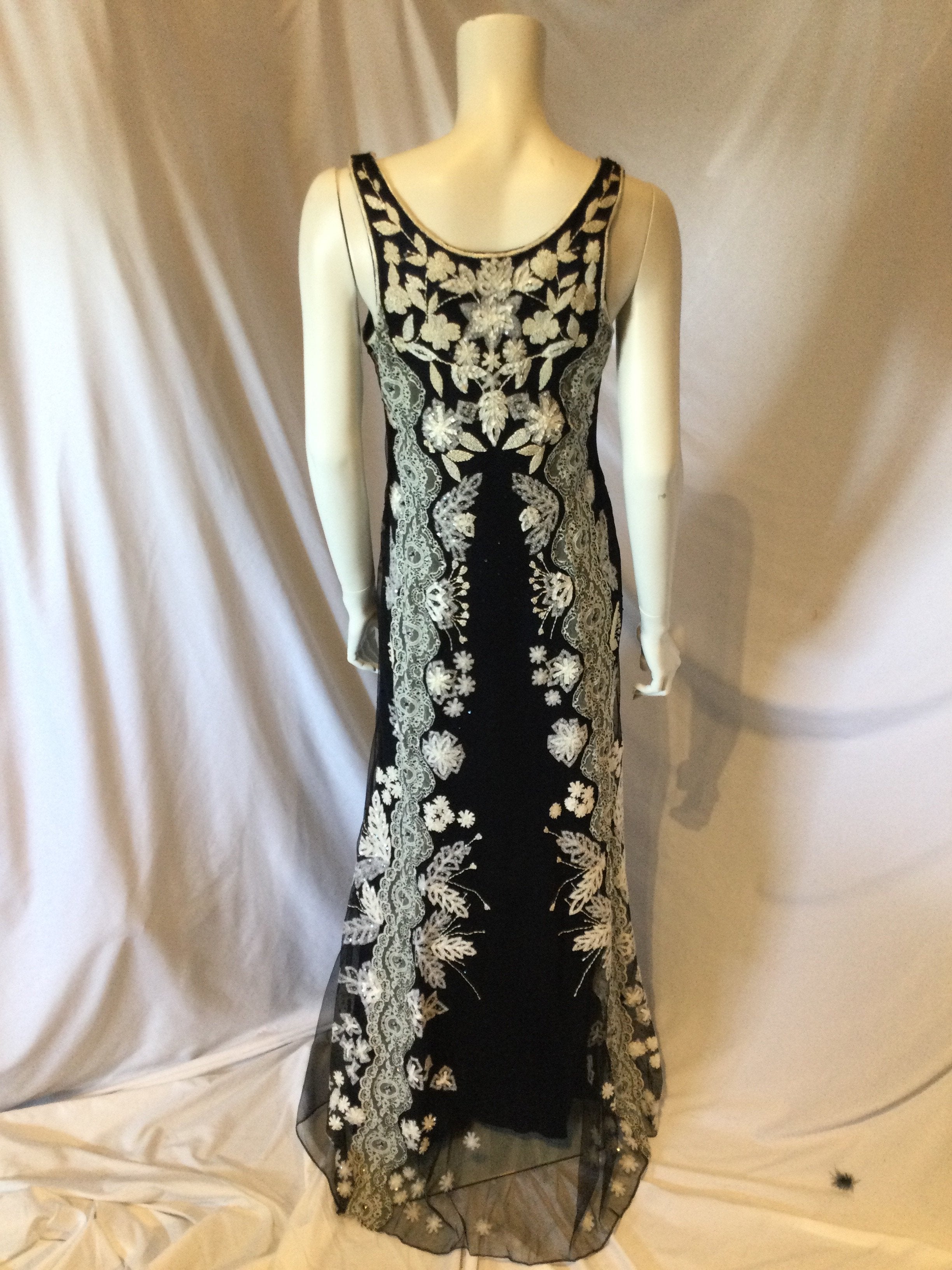 Carolina Herrara Midnight Blue with Ivory Appliqued lace ,beads and sequins