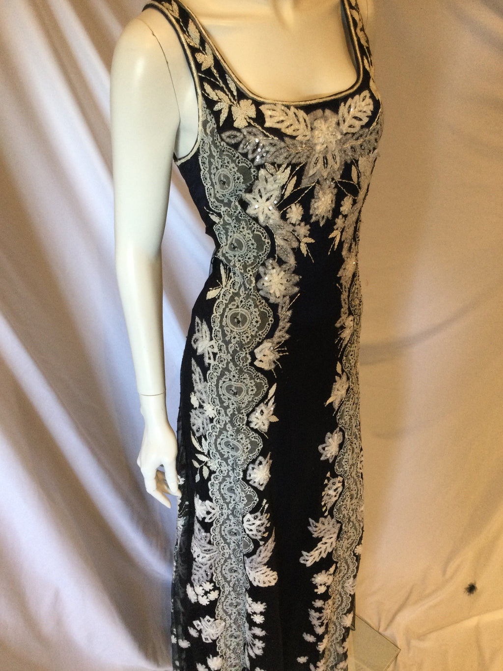 Vintage Carolina Herrera Midnight blue with hand appliqued  Ivory Lace , Beads and Sequins Elegant Gown