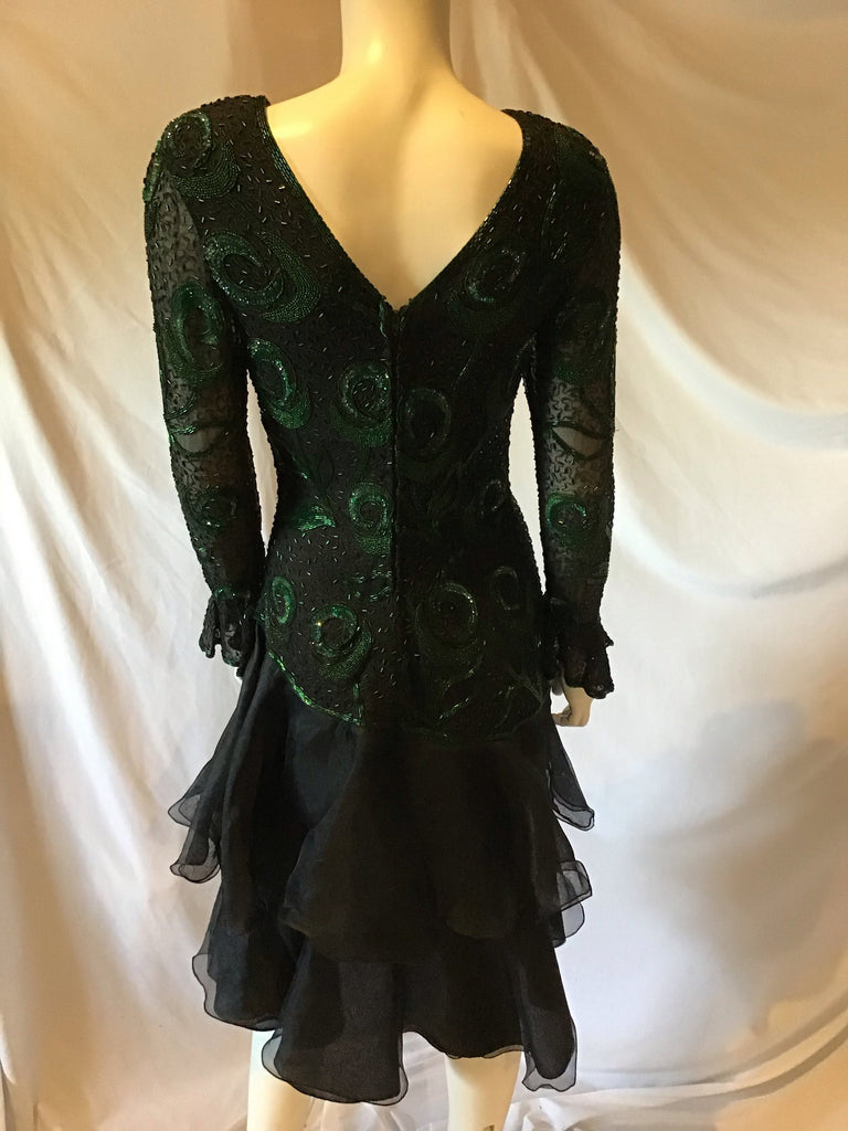1980s Green beaded peacock feathers on silk crepe  tiered ruffled skirt evening dress 