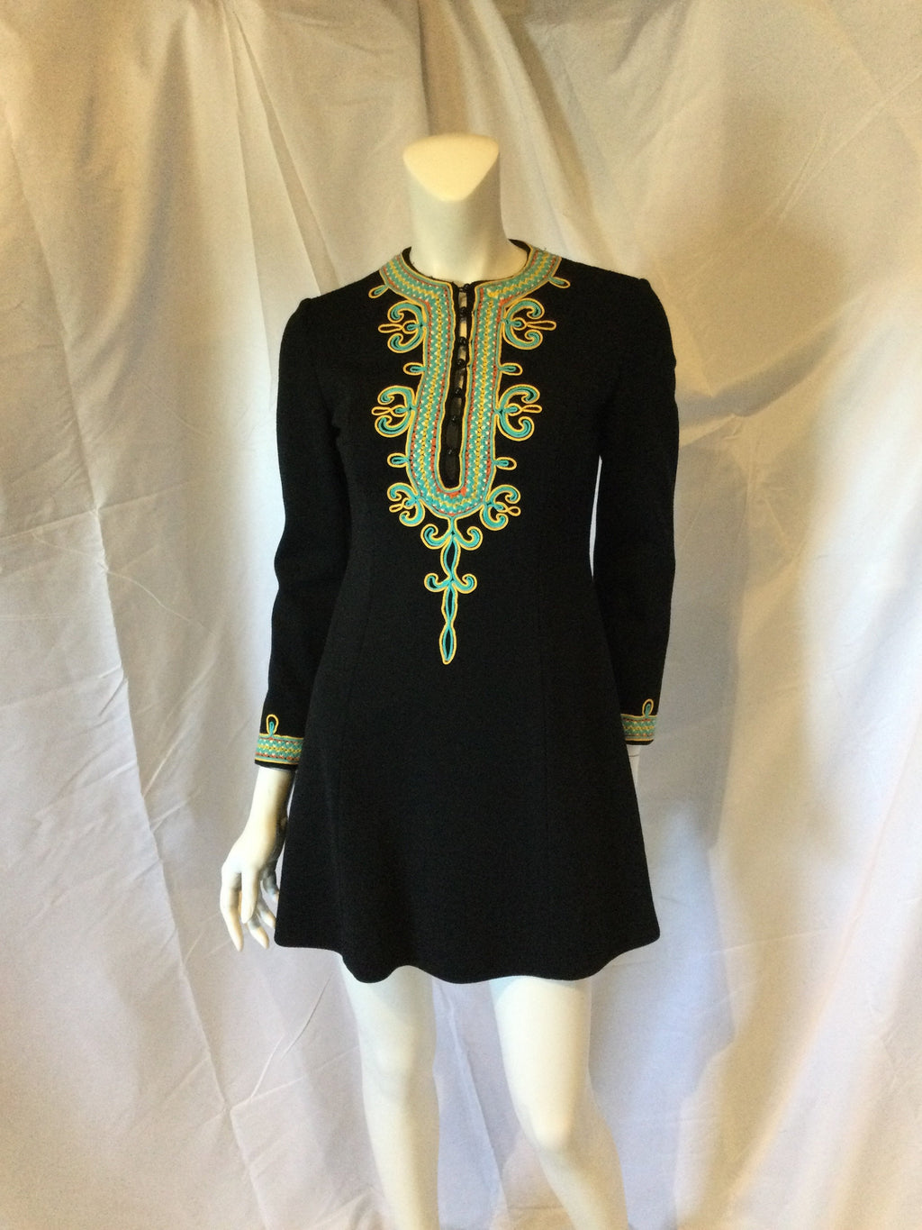 1960s black wool  mini dress embellished with turquoise and gold embroidery