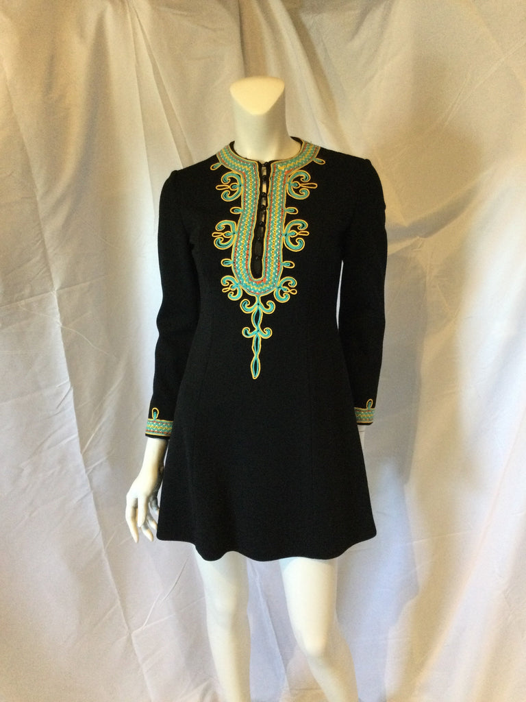 1960s black wool  mini dress embellished with torquiose and gold embroidery