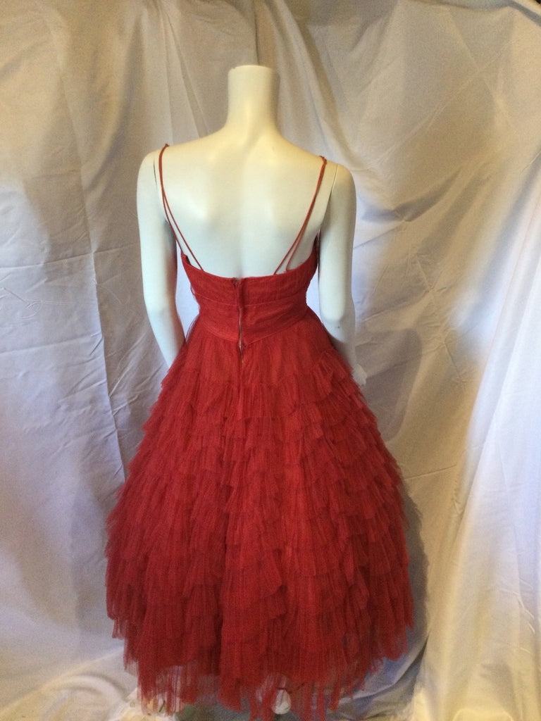 1950s red silk tulle party dress