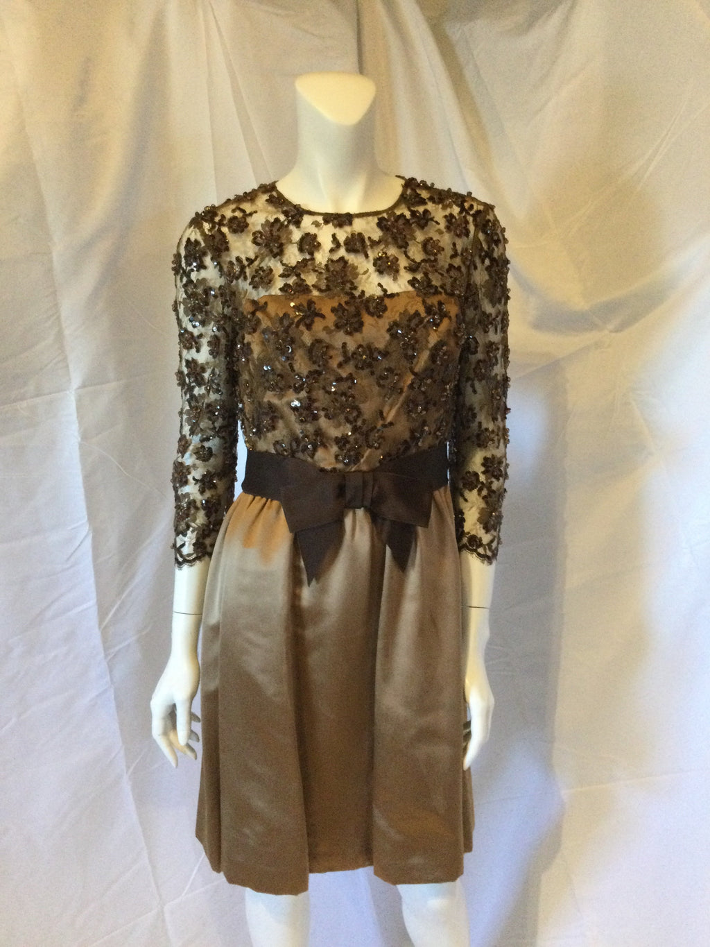 1960s Mocha Beaded Top Satin Cocktail dress