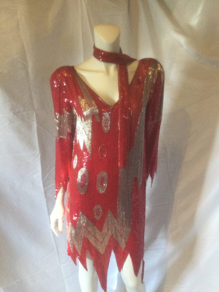 1980s Red and Silver Entirely sequinned and beaded short cocktail dress with jagged hem