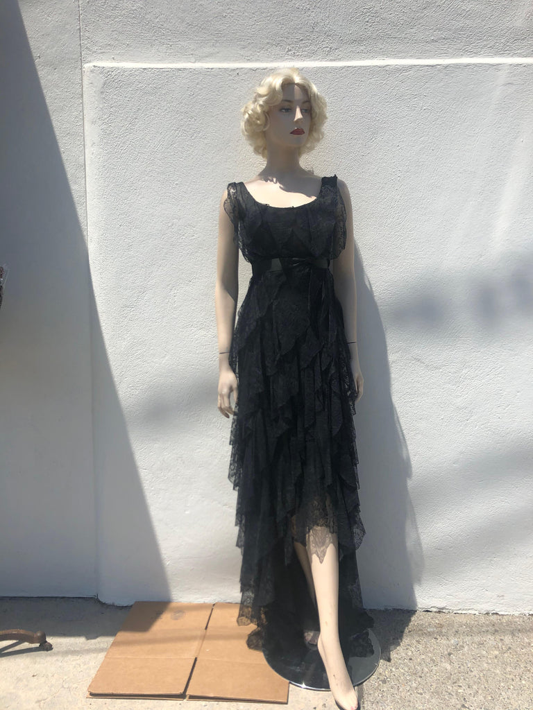 Vintage 1960s black cotton lace ruffled dress