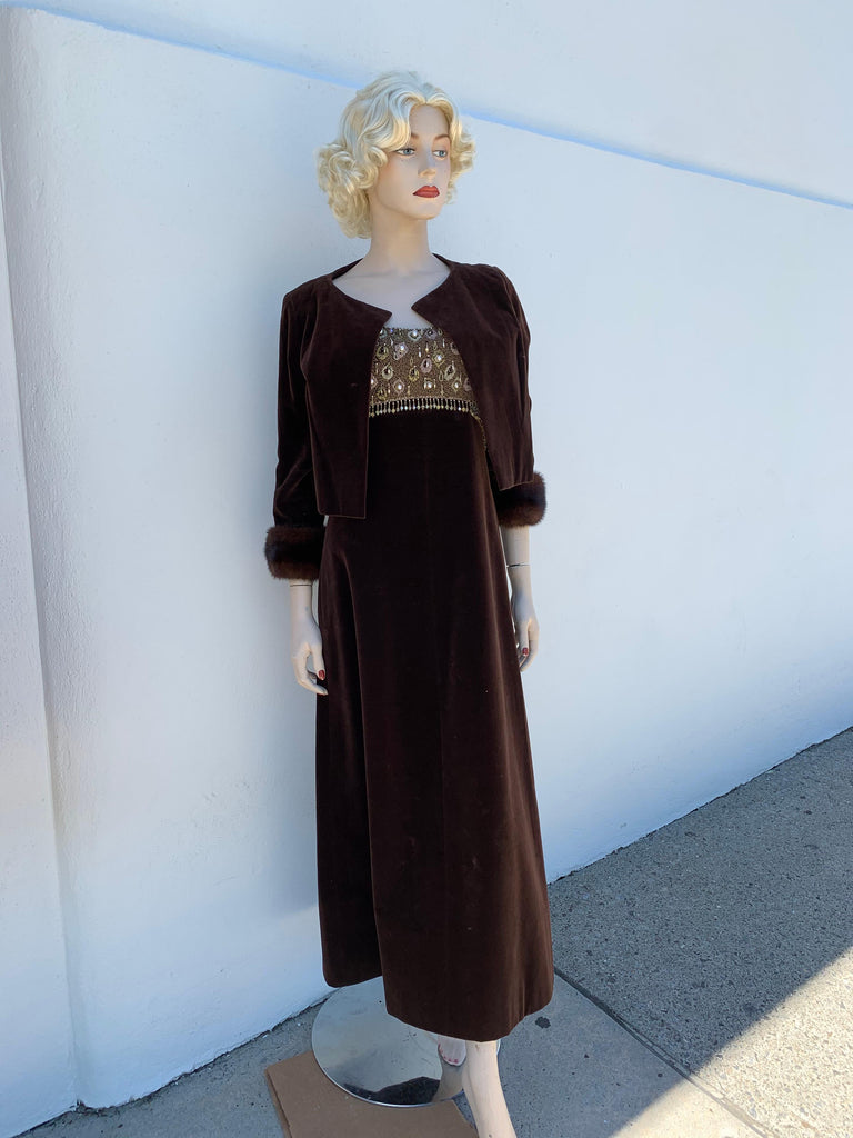 Chocolate brown velvet 1960s gold beaded bodice gown with matching jacket with mink cuffs