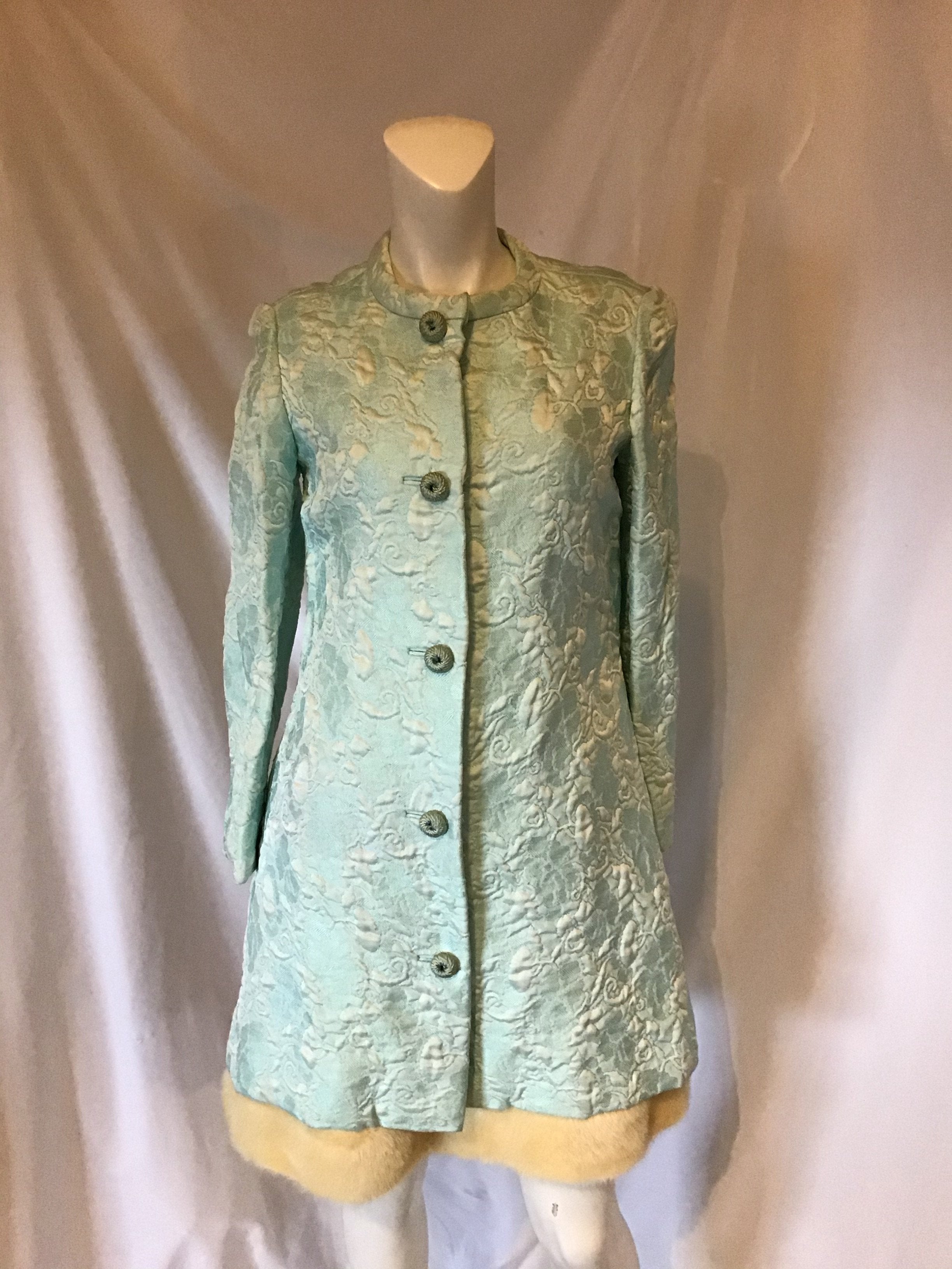 Vintage 1960s Seafoam green dinner dress ensemble white mink trimmed hem