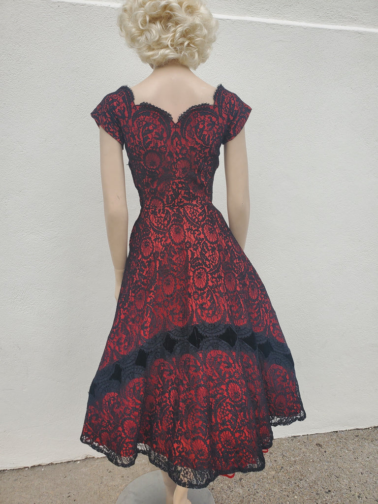 1950s Black lace over red taffetta party dress