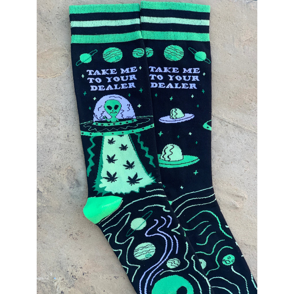 Take me to your dealer green and black mens socks