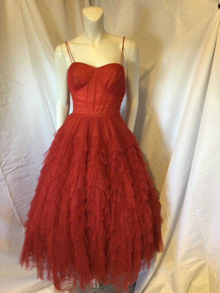 A vintage 1950's red party dress.silk tulle tiered ruffle 