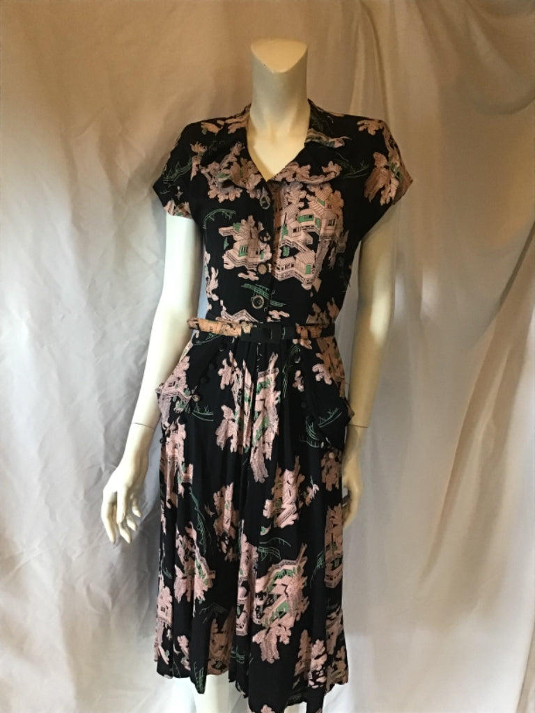 1940s rayon printed Peplamed  day dress pink and blue 