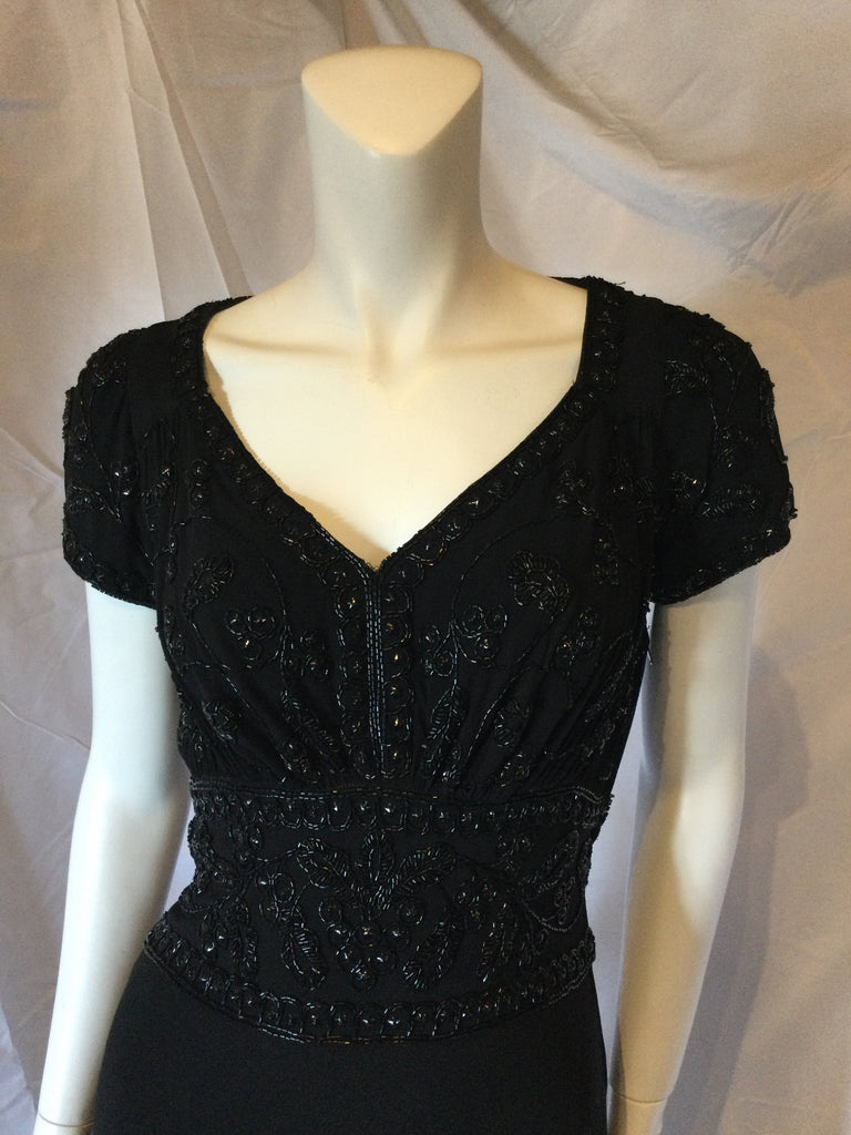 1940s Black rayon crepe heavily beaed Ceil Chapman gown