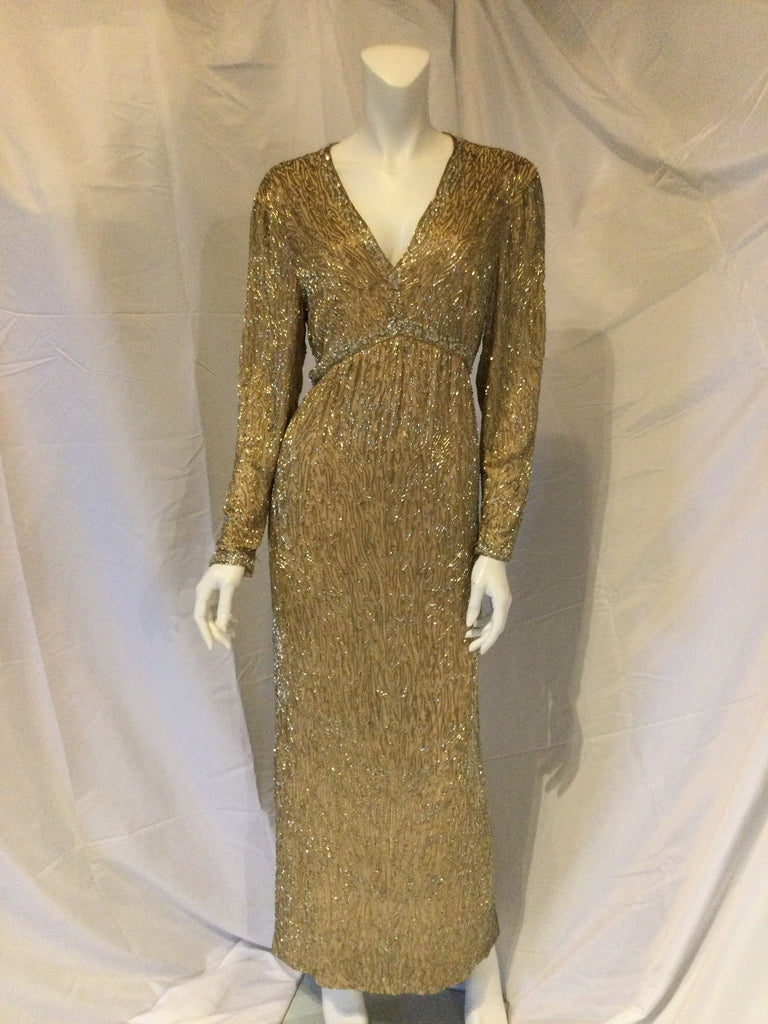 Vintage 1960s Gold and clear hand beaded long sleeved gown with rhinestone detailgown 