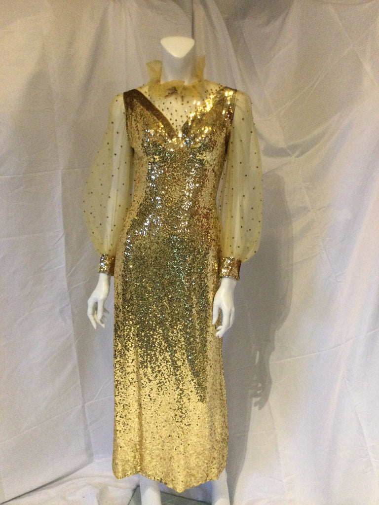 Vintage 1960s gold  sequinned gown with gold sheer sleeves with sequinned cuffs and ruffled collar