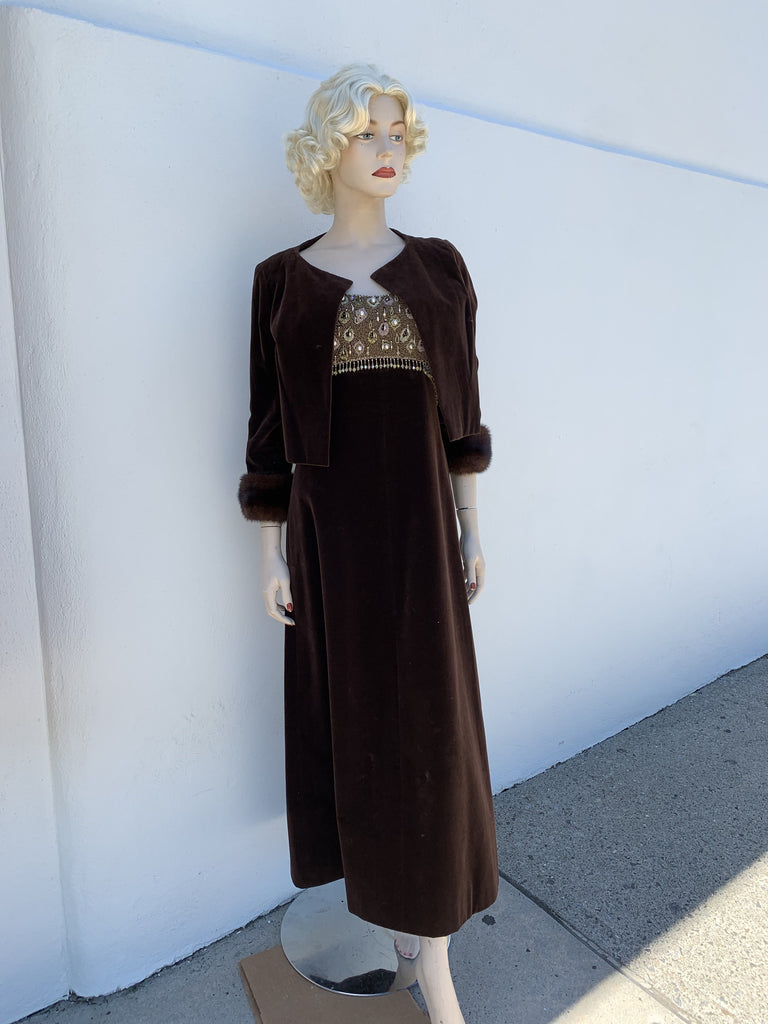 1960s vintage chocolate brown velvet long evening dress with matching jacket with mink cuffs