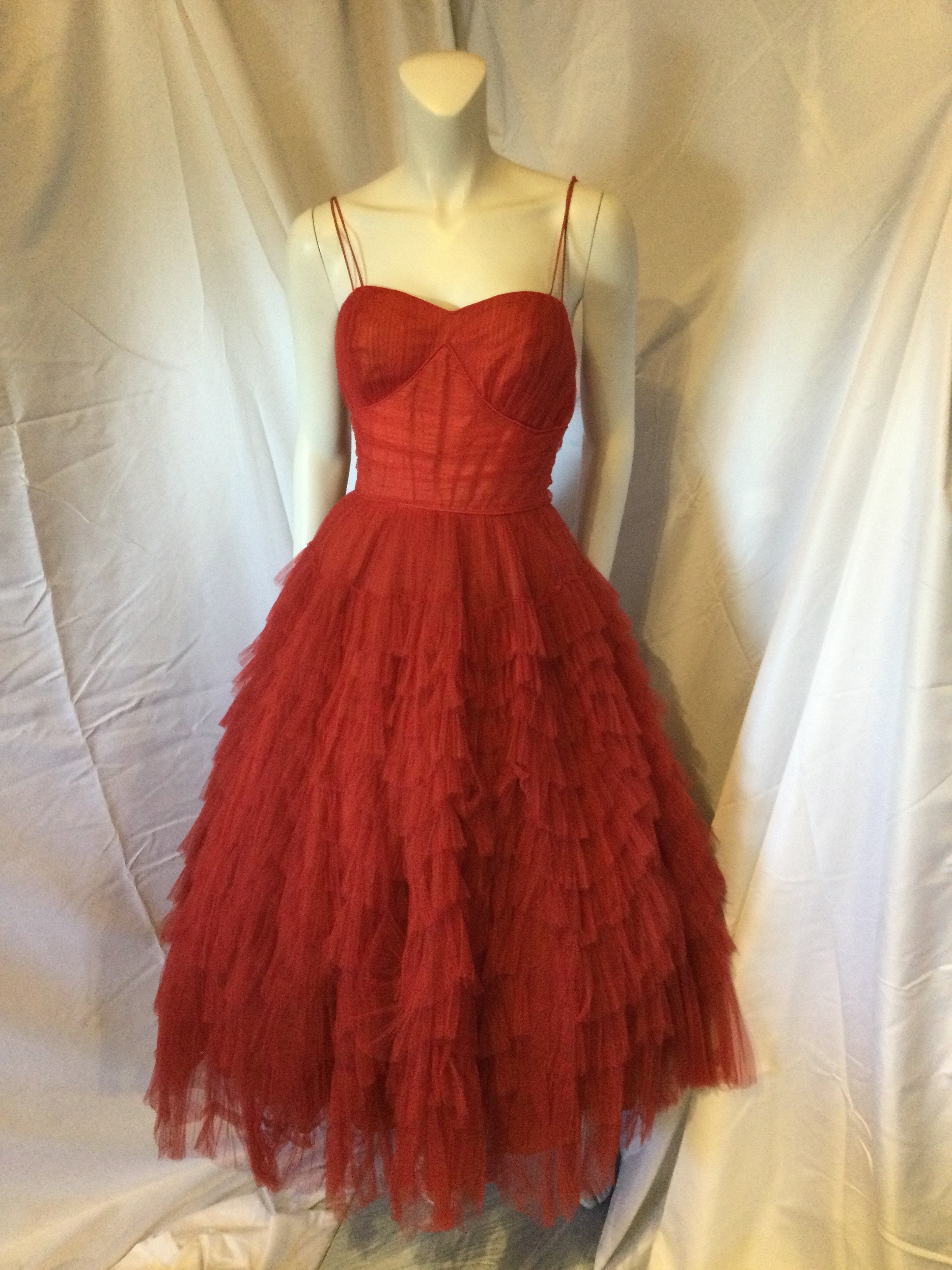 1950's Red Silk Tulle Ruffled Party Dress size-2/3 Sophia's Gallery 1950's Red Silk Tulle Ruffled Party Dress size-2/3 Sophia's Gallery