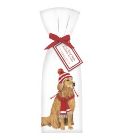mary lake thompson dog holiday golden with hat kitchen towel set 