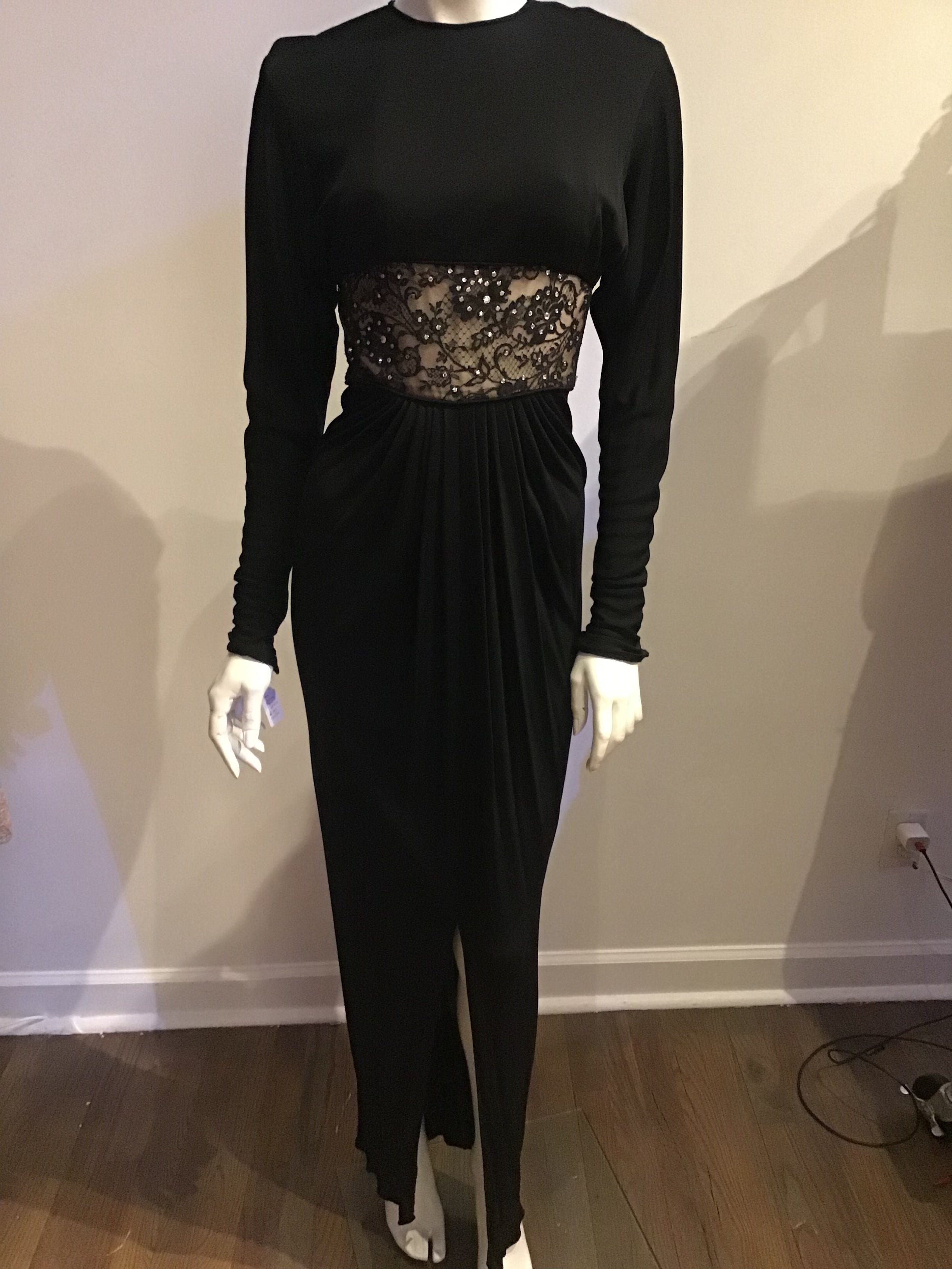 vintage 1970s molly parnis silk crepe black evening gown