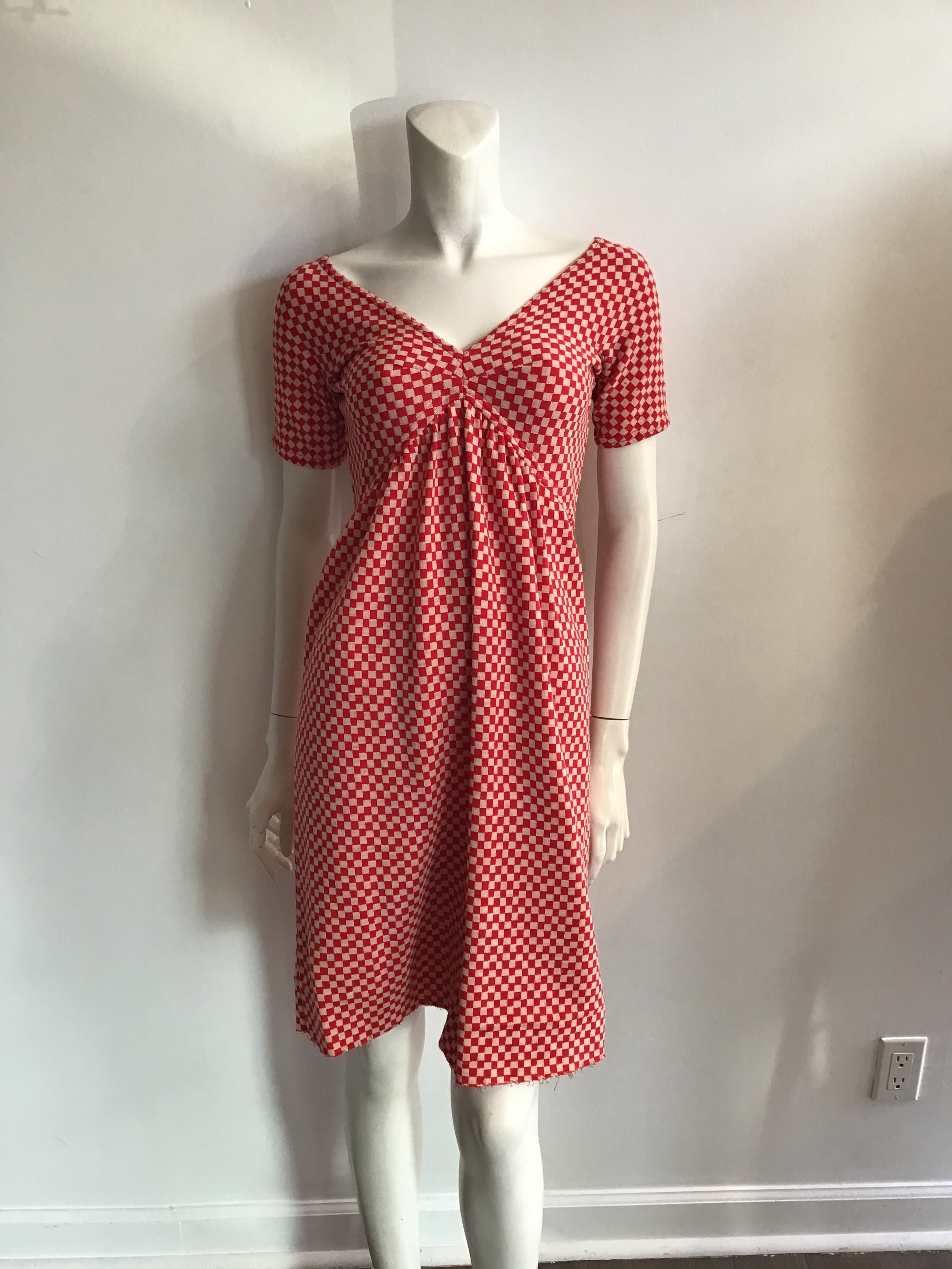 1960s Rudi Gernreich Red and white checked cotton and wool blend knit dress-size 4