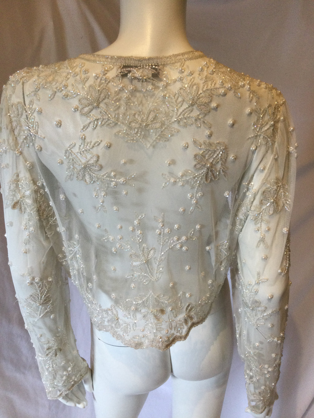 1980's White Crystal Beaded Polyester  Bolero-size 12/14