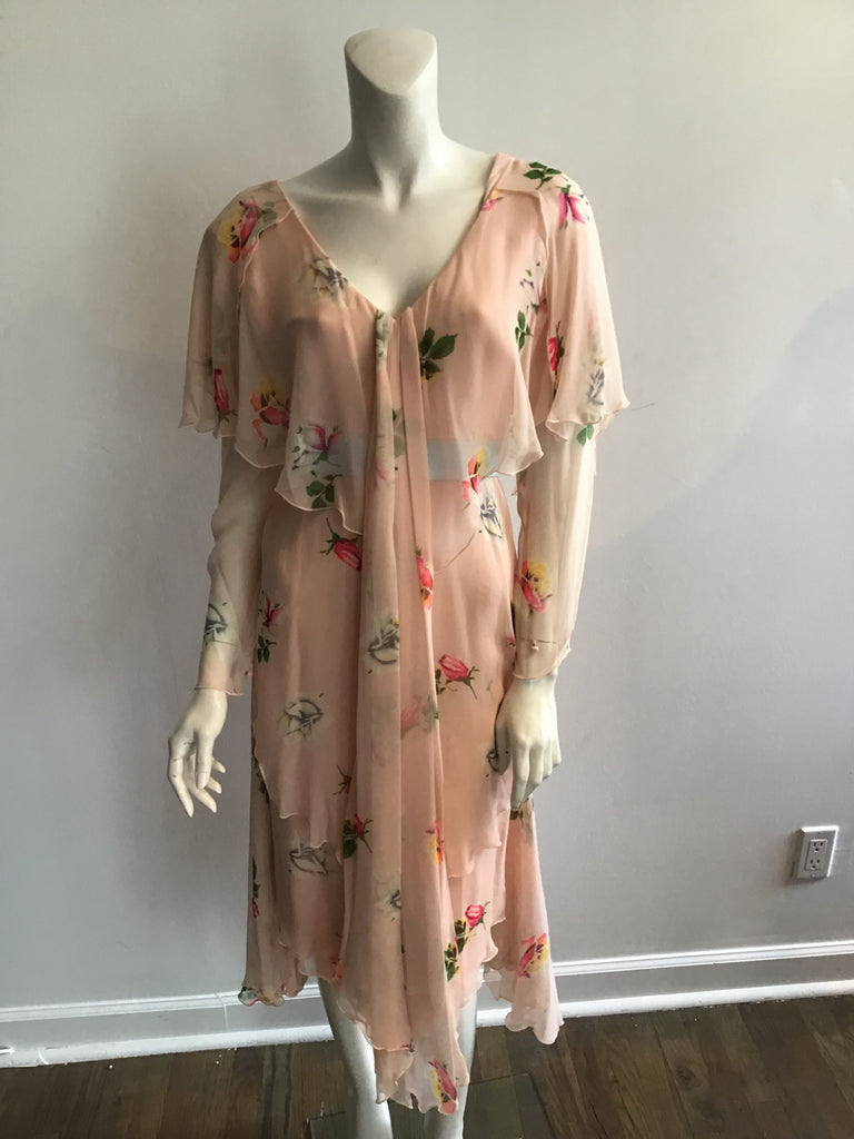 1980's Holly Harp Silk Chiffon Pink Floral Tiered Dress Size 8/9