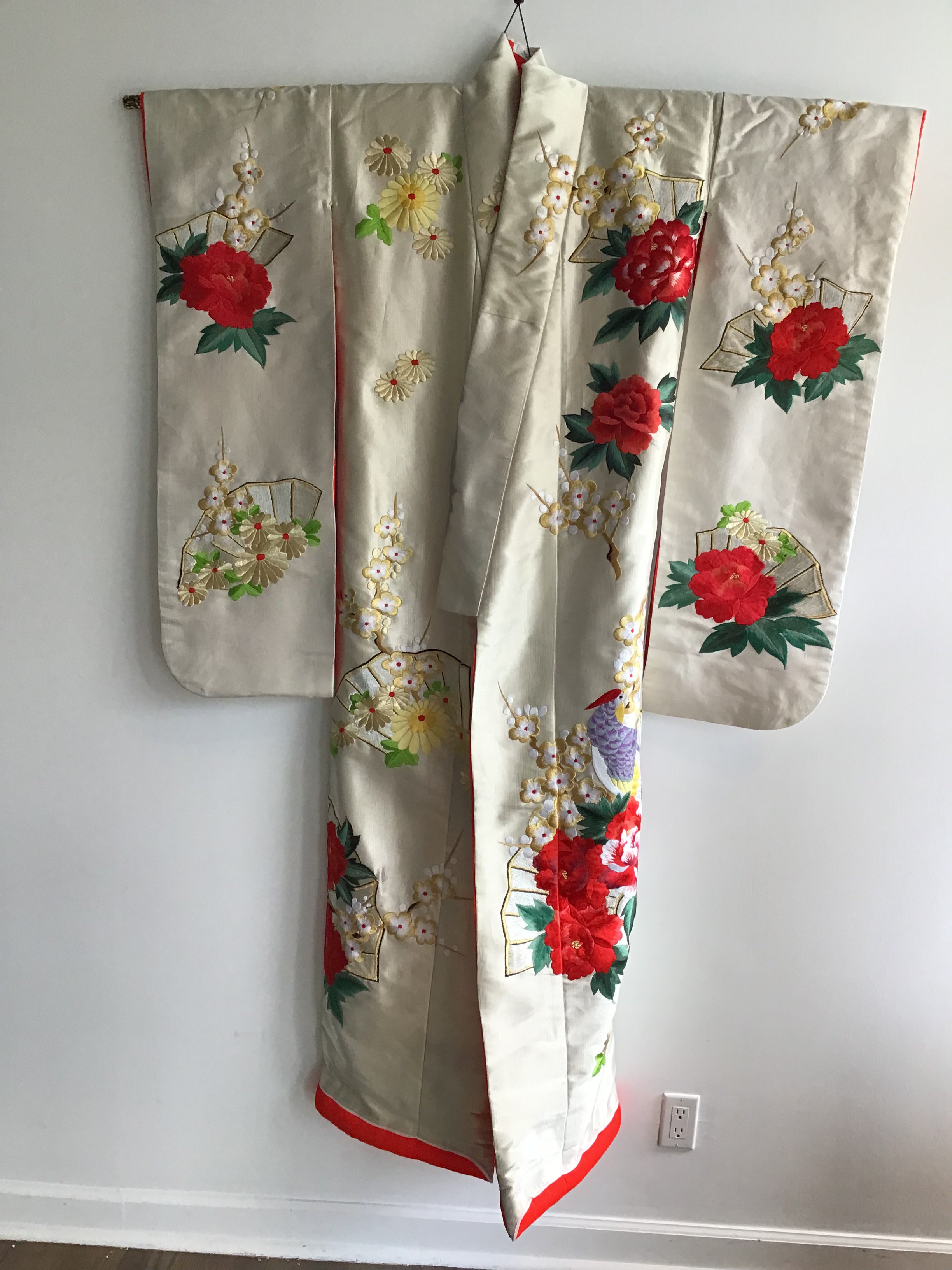 1960s Red Peonies,Birds Handembroidered Silk Kimono