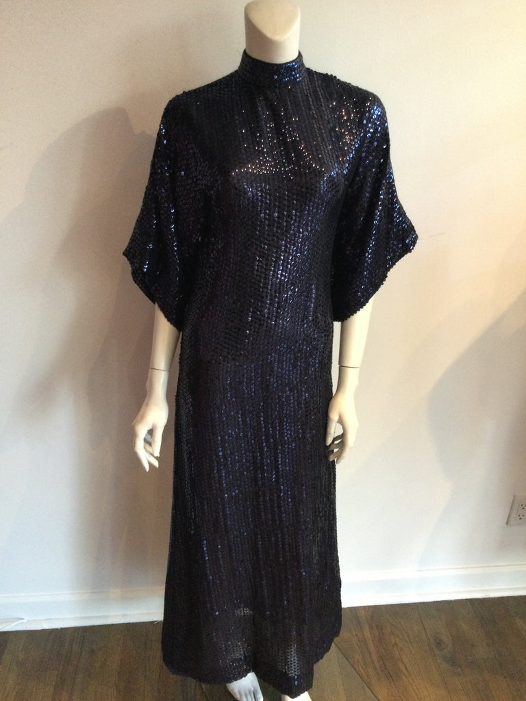 vintage 1970s navy blue sequined molly parnis evening gown