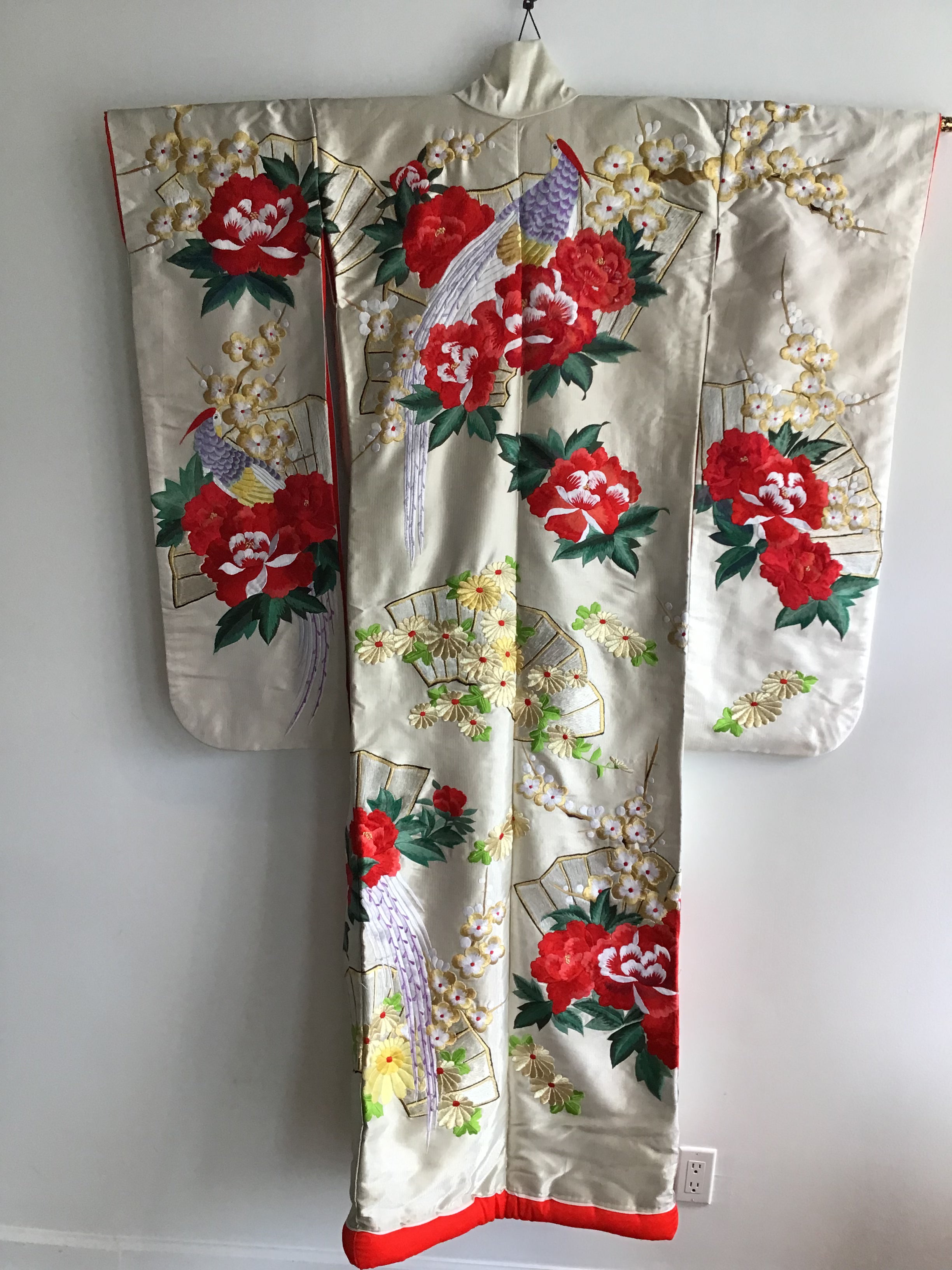vintage 1960s red peony hand embroidered kimono