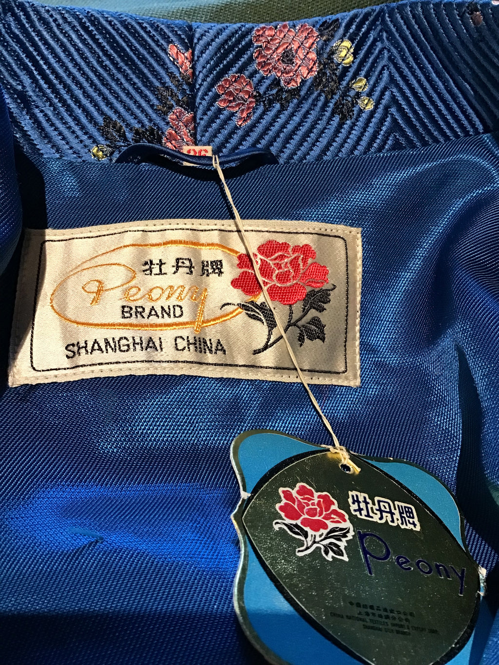 1950s Royal  Blue and Gold Silk Satin Chinese Export Robe-unworn medium