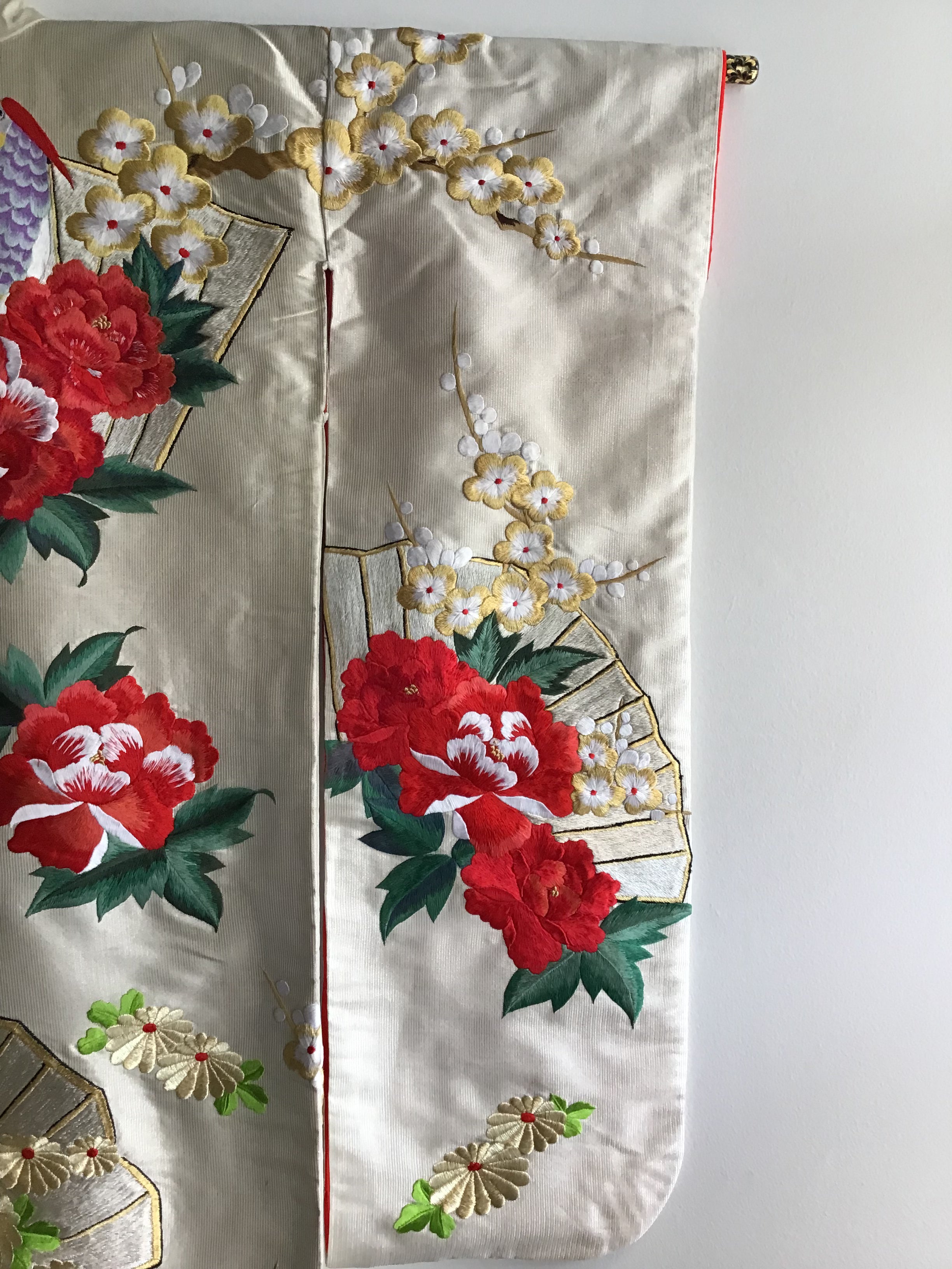 1960s Red Peonies,Birds Handembroidered Silk Kimono