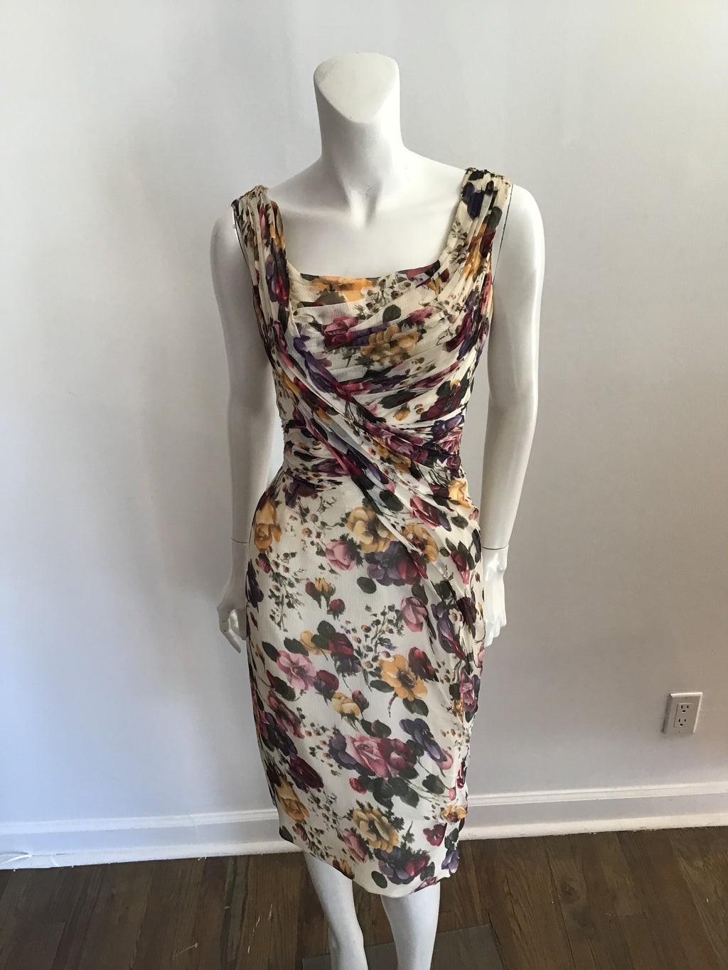 1950s Ceil Chapman Cream Floral Silk Chiffon Cocktail Dress-size 6