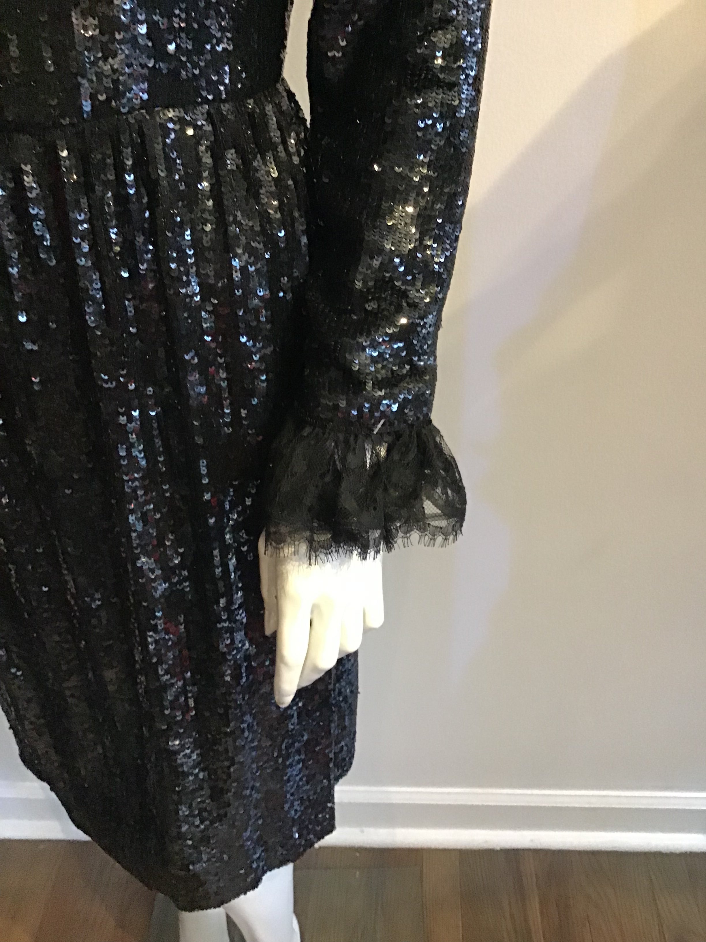 70s Oscar De La Renta Black Sequined Cocktail Dress