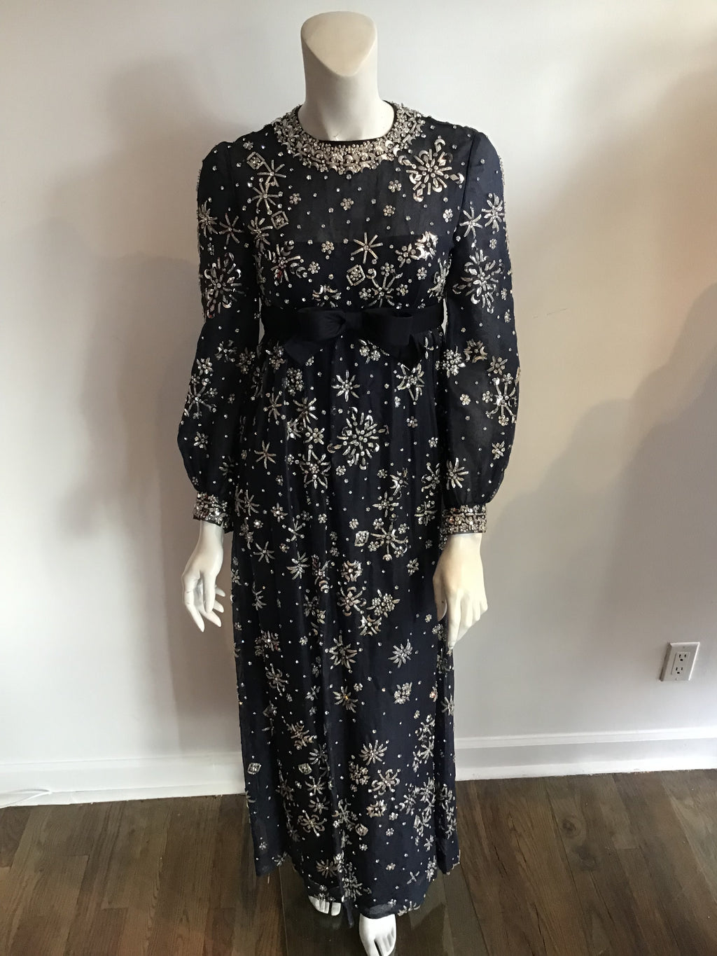 1960s  Blue Organza beaded Evening Gown-2/4