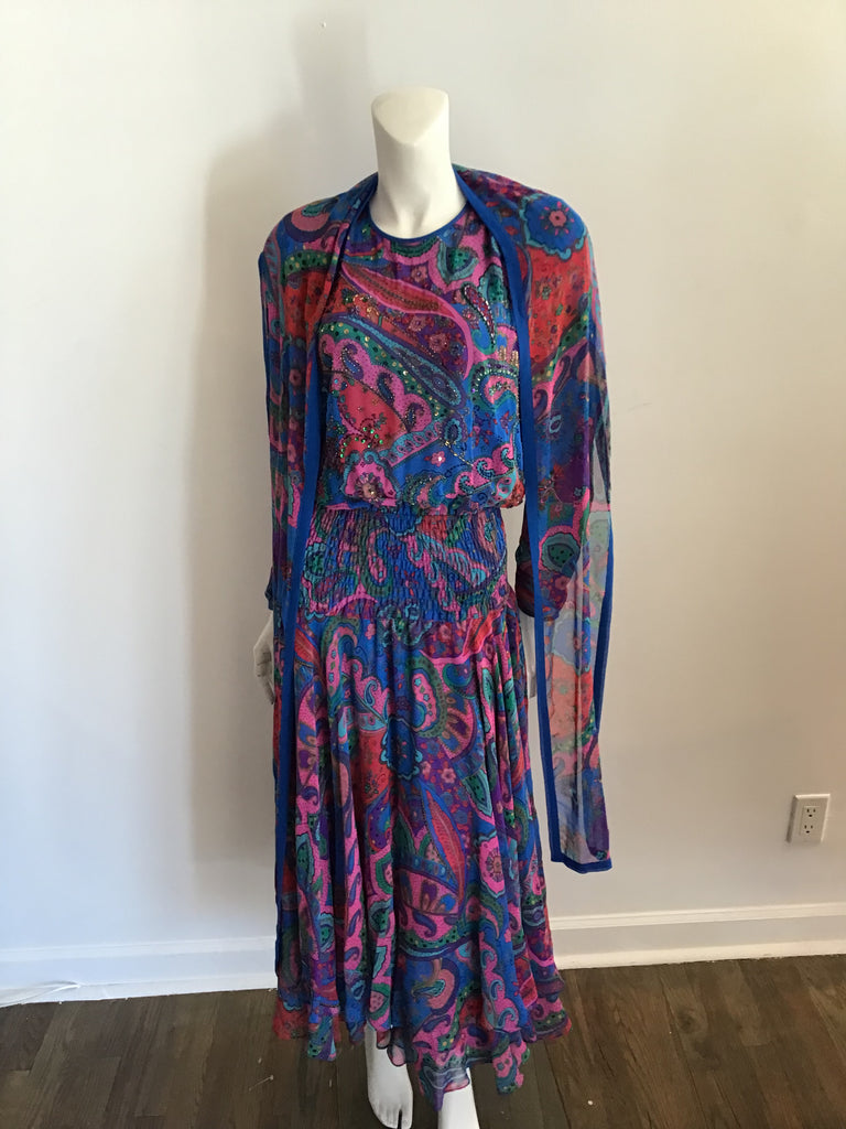 1980s Diane Freis Blue and Pink Chiffon Maxi Dress