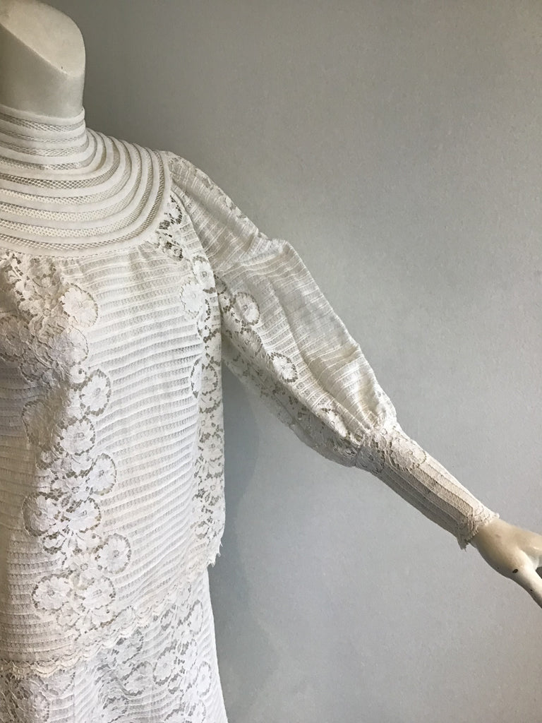 1980s White 2 Piece Ribbon and Lace Dress
