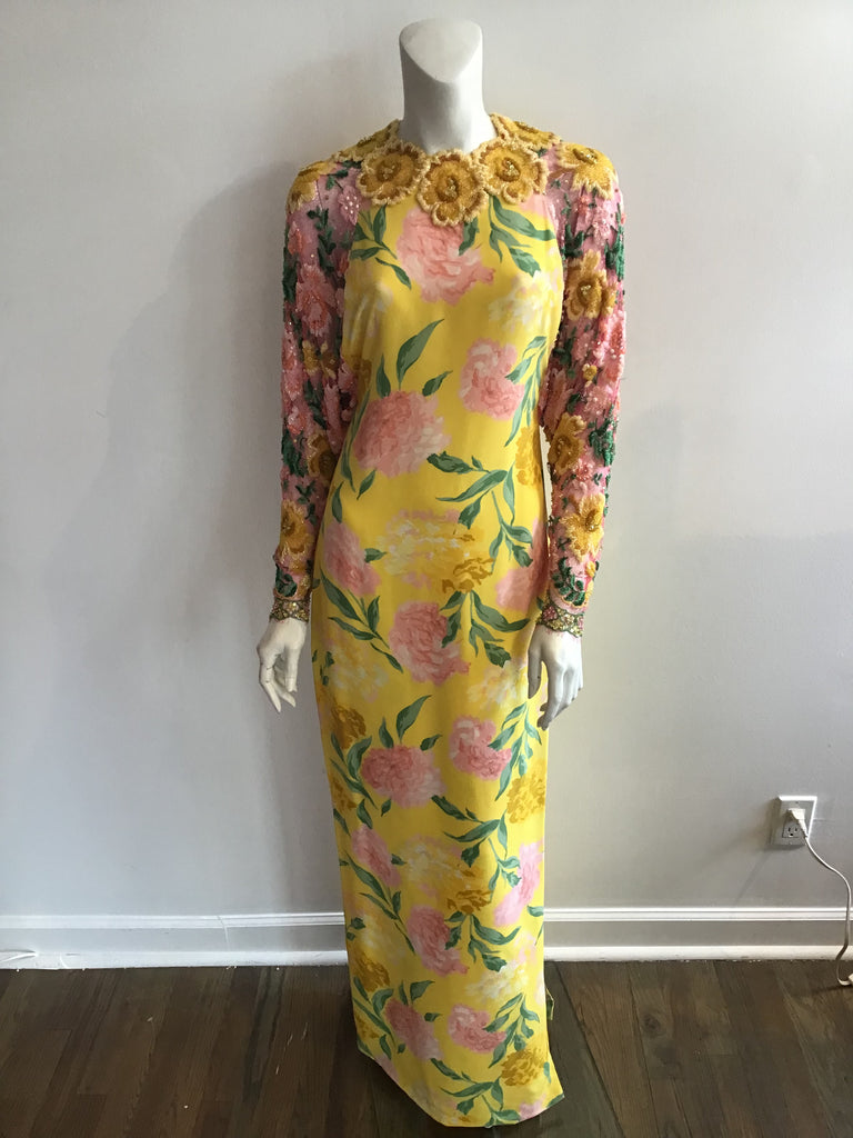 Vintage 1980s Galanos Pink and Yellow Silk chiffon beaded sleeves Gown