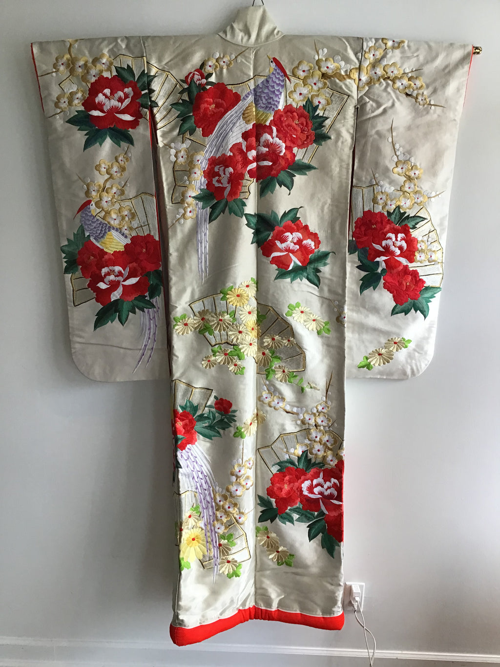 1960s Red Peonies,Birds Handembroidered Silk Kimono
