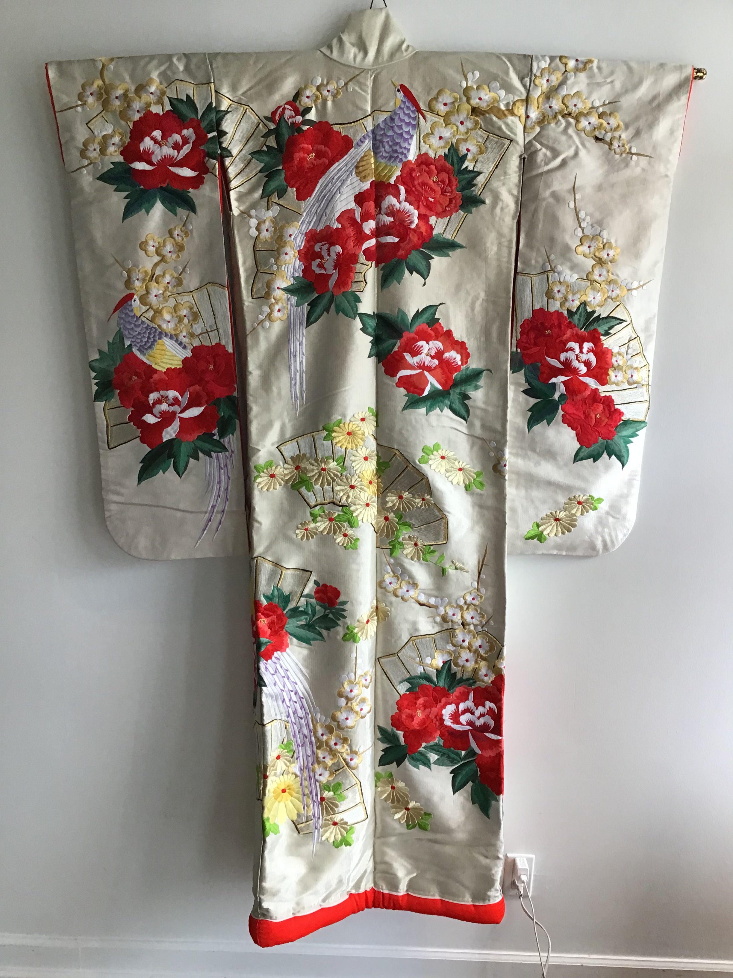 1960s Red Peonies,Birds Handembroidered Silk Kimono
