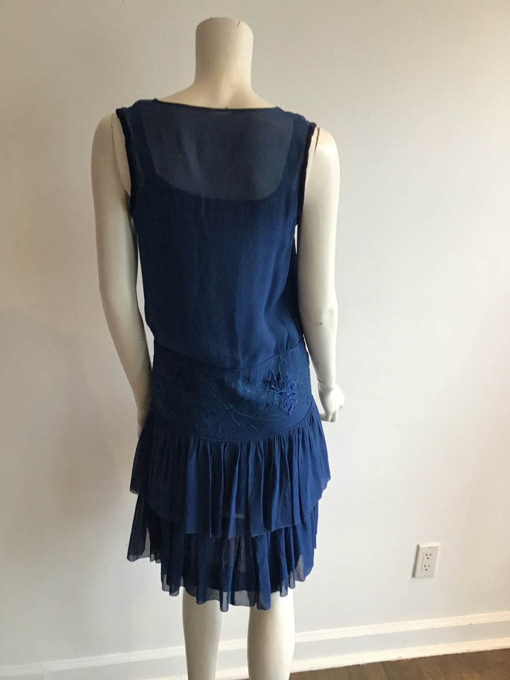 1920's Blue Silk Chiffon Dress with Embroidery size 4