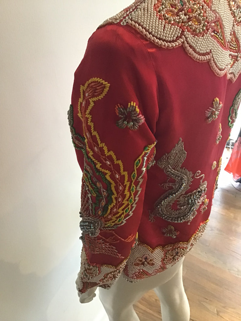 1960s Dynasty Hand Beaded Red Silk Chinese Jacket with Dragons/Phoenix -size 6/7