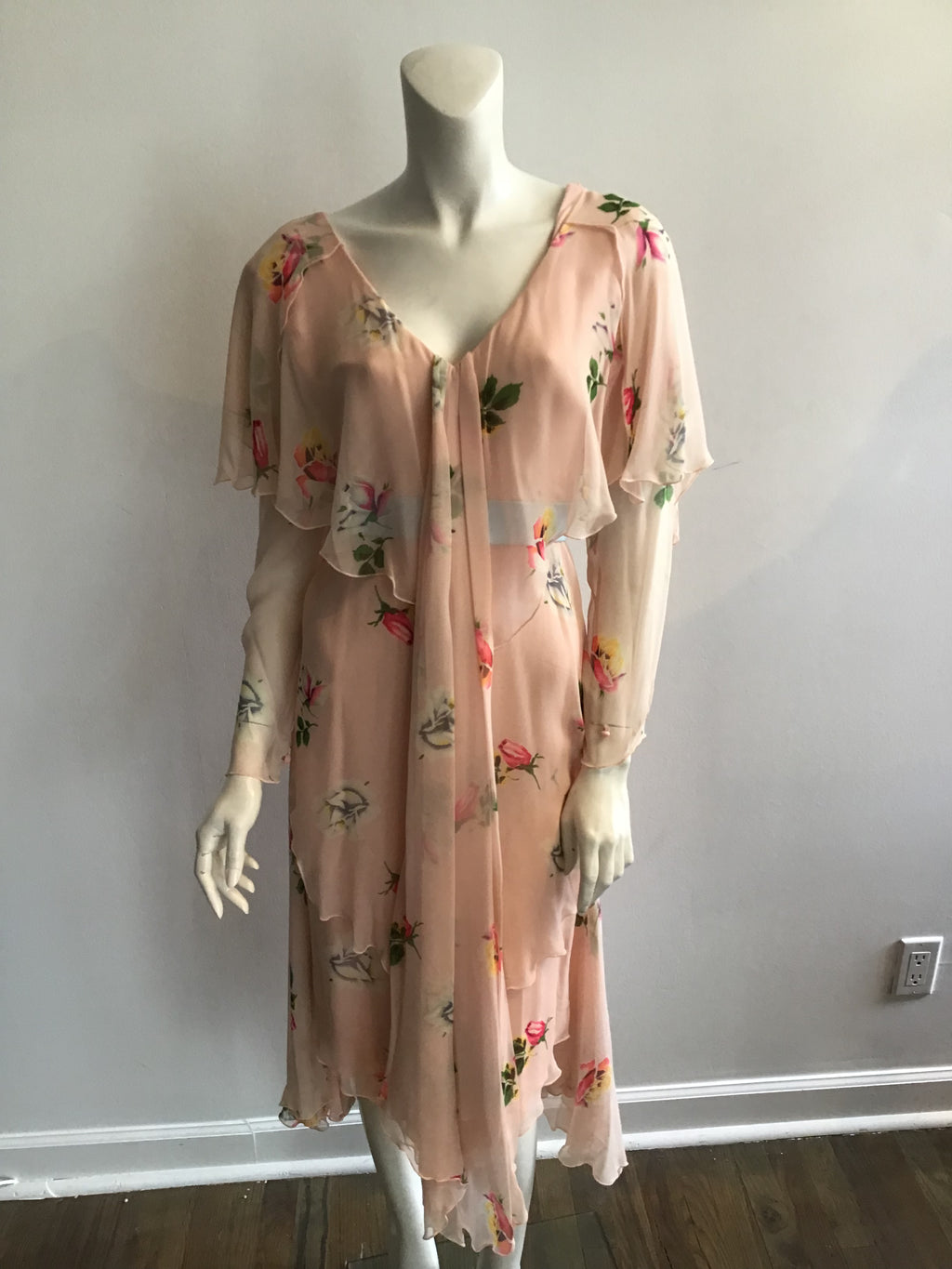 1980's Holly Harp Silk Chiffon Pink Floral Tiered Dress Size 8/9
