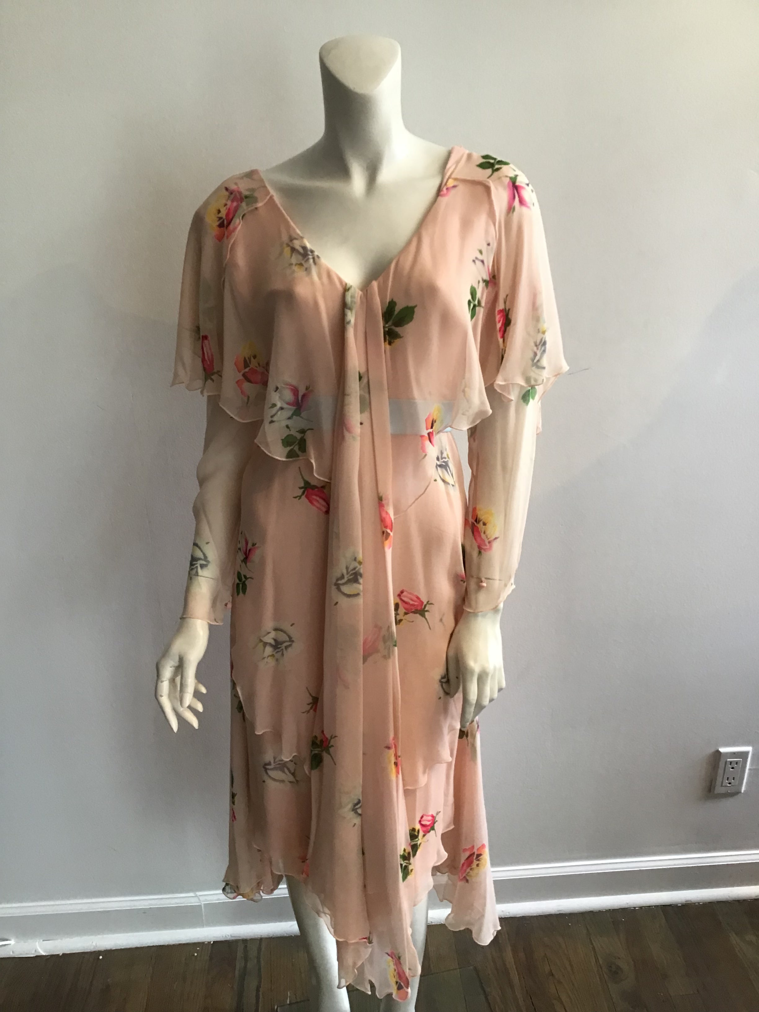 1980's Holly Harp Silk Chiffon Pink Floral Tiered Dress Size 8/9
