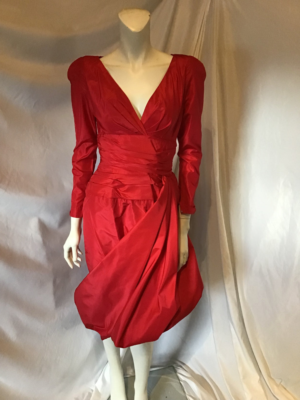 1980s red taffetta cocktail dress with side drape
