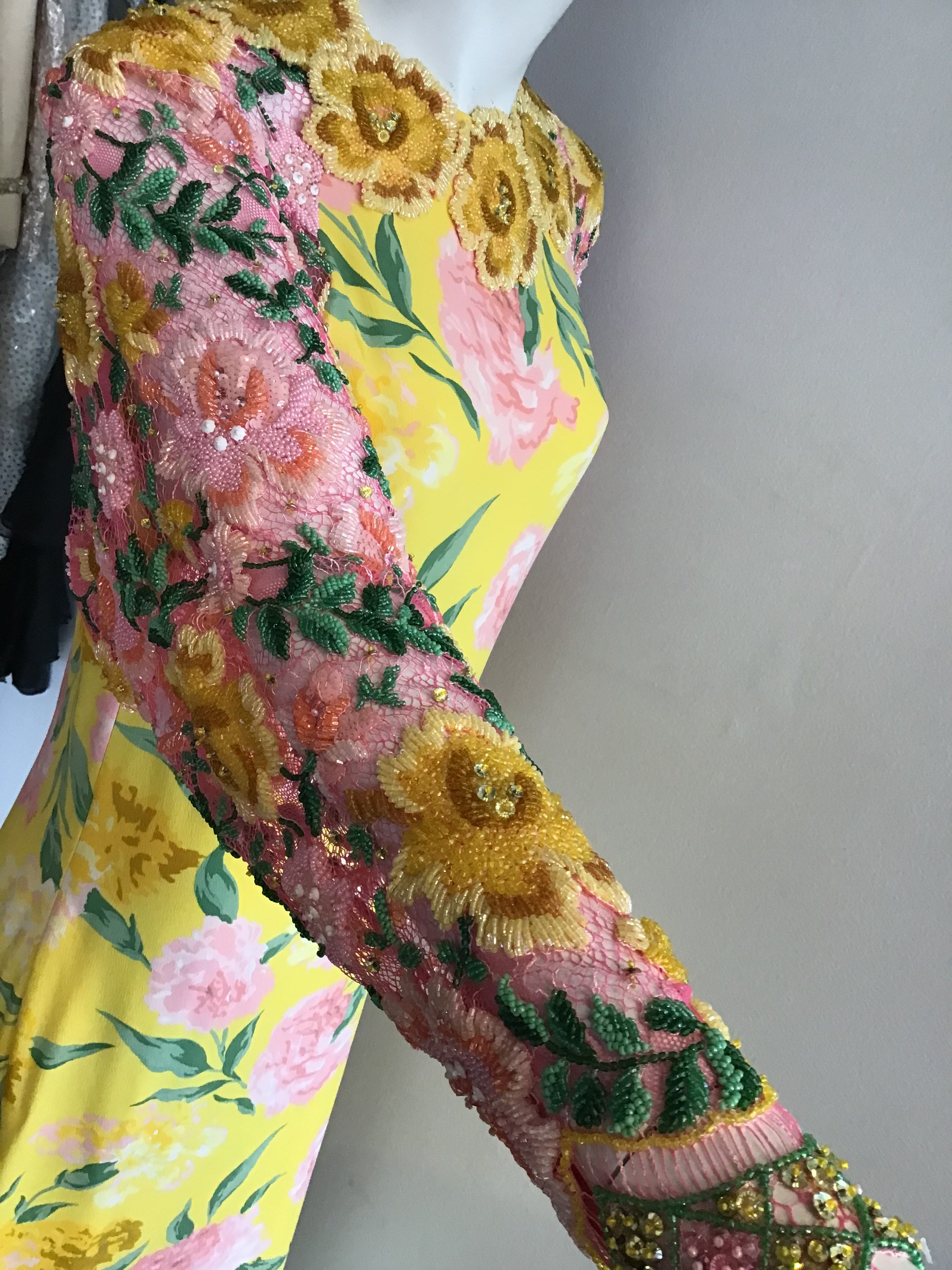 1980s Galanos Yellow Printed Evening Gown