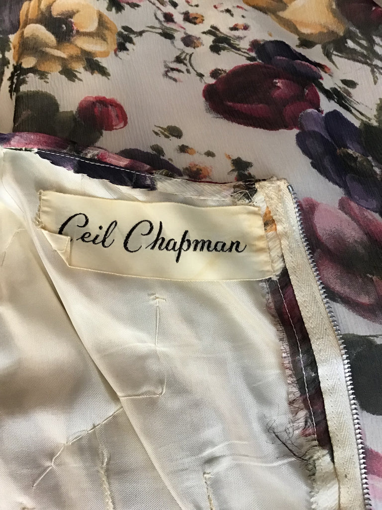 1950s Ceil Chapman Cream Floral Silk Chiffon Cocktail Dress-size 6