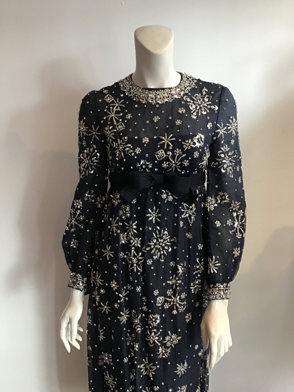 1960s  Blue Organza beaded Evening Gown-2/4