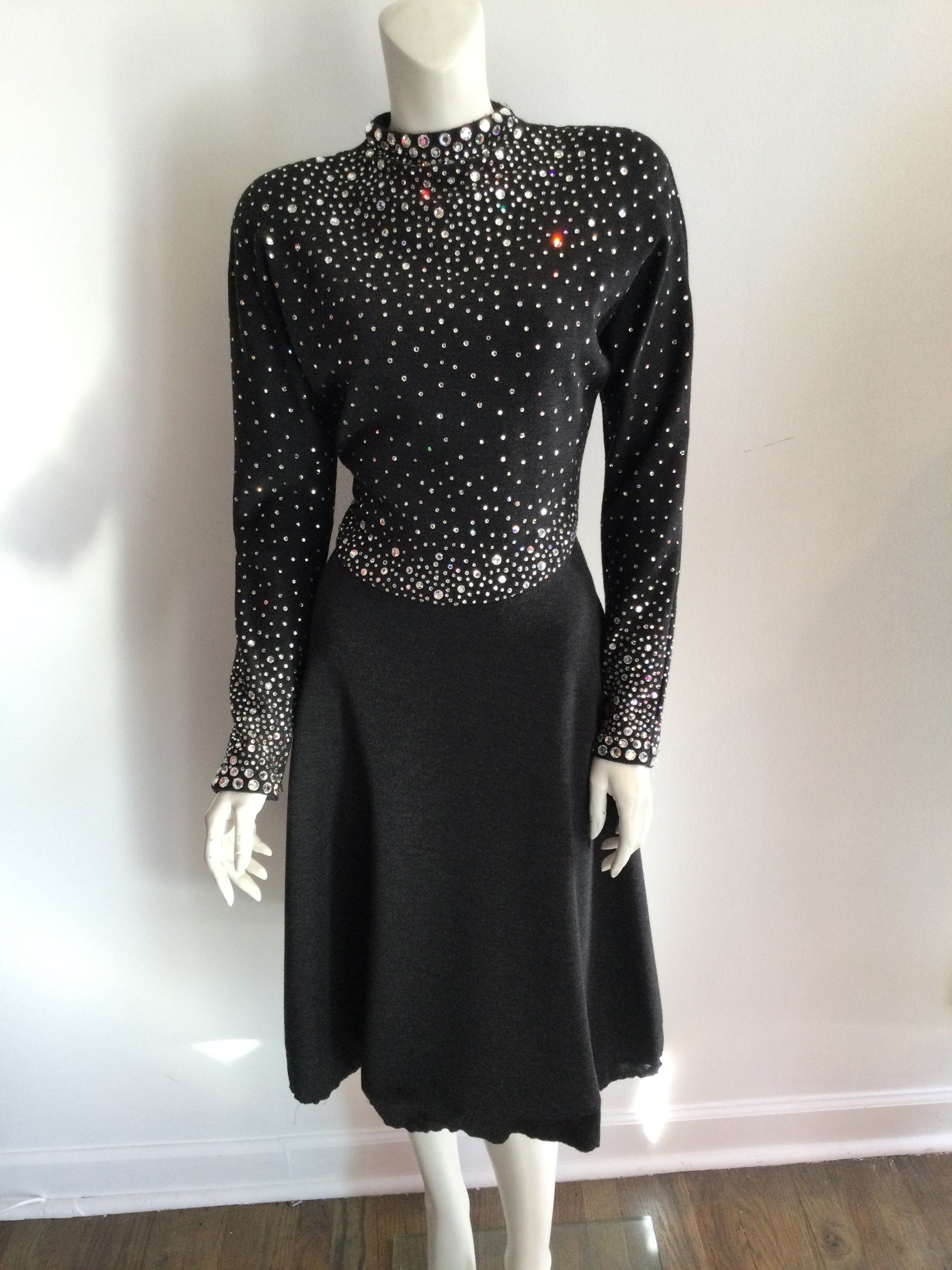 1980s Pauline Trigere Rhinestone Studded Cashmere/wool blend Cocktail dress