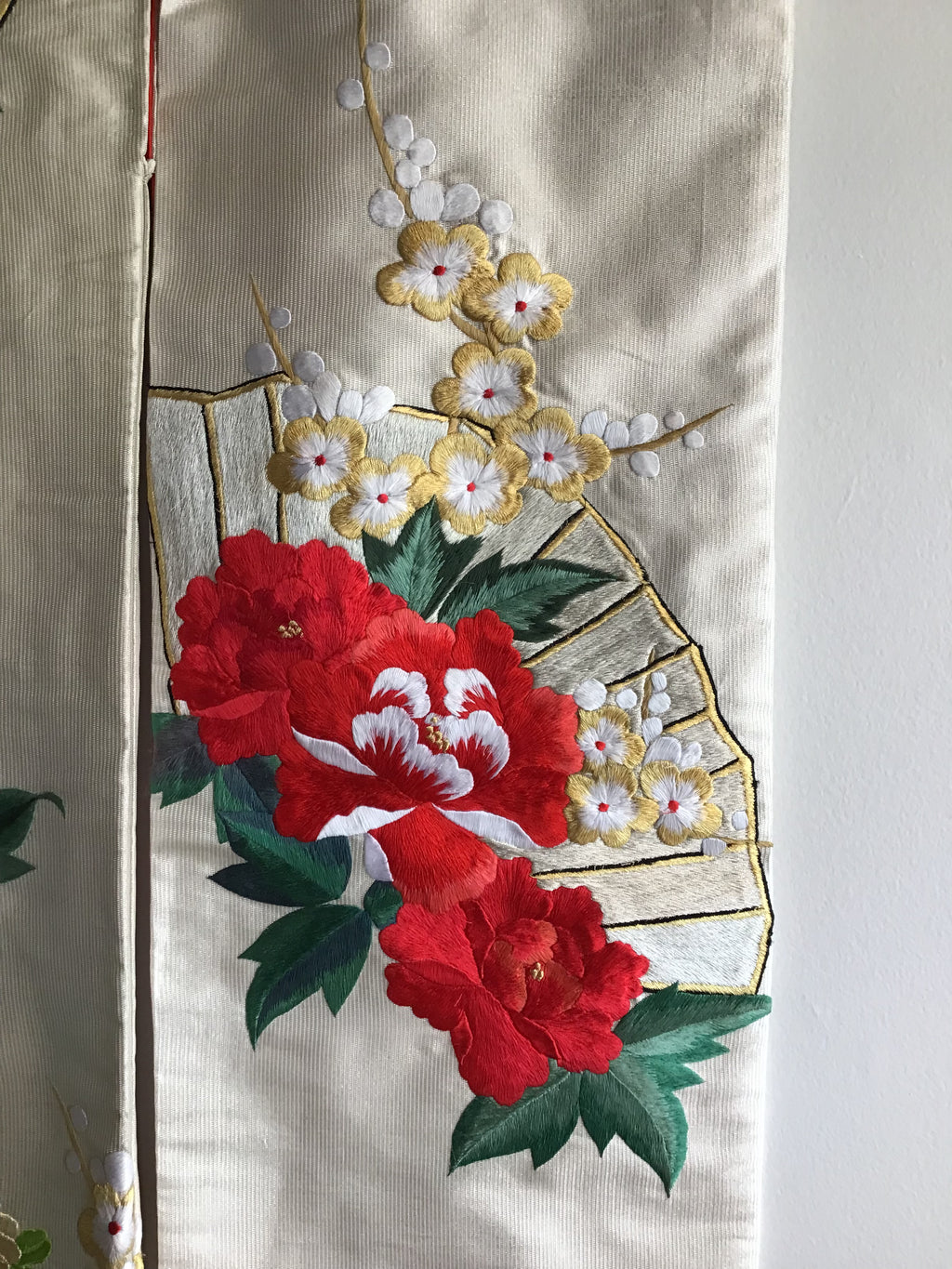 1960s Red Peonies,Birds Handembroidered Silk Kimono