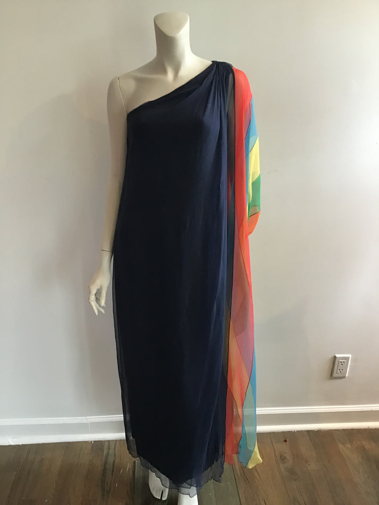 1960s Galanos Navy Chiffon One Shoulder Evening Gown